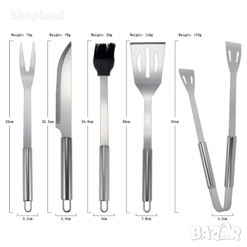 Комплект за барбекю с черна чанта, неръждаема стомана, Сребрист – 5 части, снимка 2 - Барбекюта - 51230780