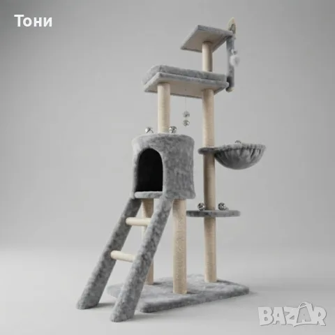 Котешка драскалка с къщичка, легло и платформи, 138 см, светлосива
