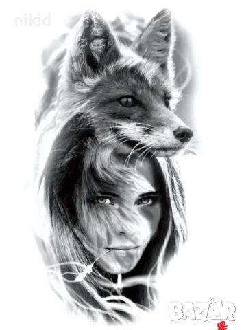 Жена с вълк лисица временна татуировка татос татус Tattoo, снимка 2 - Други - 42206503