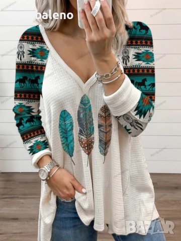 Дамска ежедневна етническа ацтекска блуза с V-образно деколте и дълъг ръкав - 023