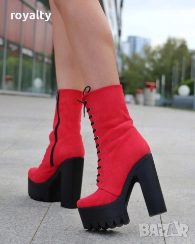 Боти на ток - червен велур с черно ходило, снимка 2 - Дамски боти - 52163285