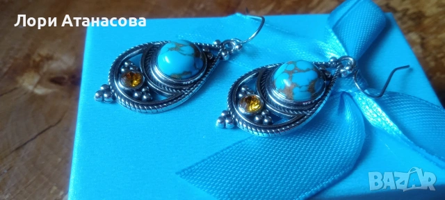 Бохемски обеци с висулка в ретро стил -синтетични тюркоазови инкрустации,никел, снимка 4 - Обеци - 54003654