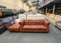 Кафяв кожен диван тройка и табуретка тип Честърфийлд, снимка 6