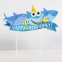 Happy Birthday Бебе Акули Baby Shark картонен топер табела надпис украса за торта рожден ден парти