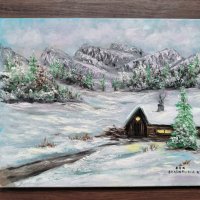 Зима в планината маслена картина , снимка 2 - Картини - 42907814