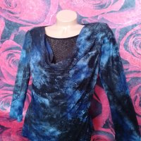 Преливащо-синя блуза с турско деколте декорирано с пайети М , снимка 1 - Блузи с дълъг ръкав и пуловери - 38913673