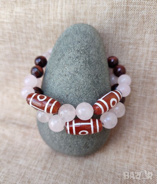 Двойна гривна на любовта с мъниста Дзи, розов кварц и червено тигрово око, снимка 1