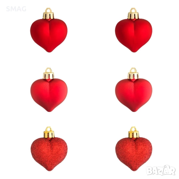 ChatGPT said:  Комплект коледни орнаменти сърца червени матови с брокат 5 см 6 бр._1207047, снимка 1