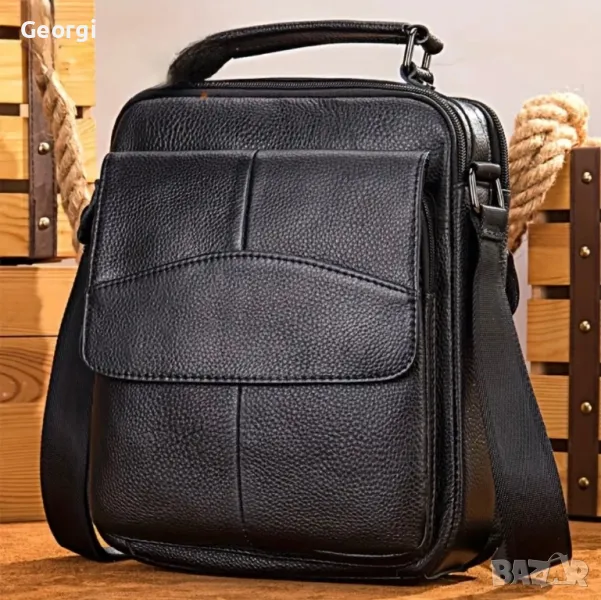  Мъжка голяма и спортна кожена чанта с европейски дизайн /Черна естест. кожа!, снимка 1