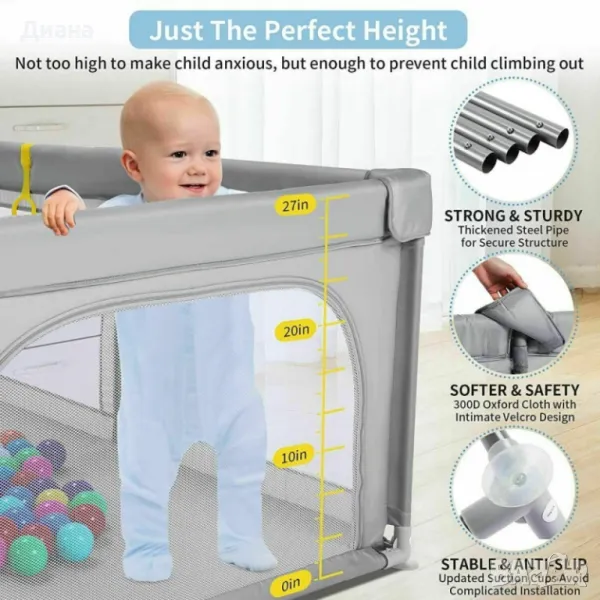 Бебешка кошара за игра с врата с цип и вграден кош - размери 120/120 см, снимка 1