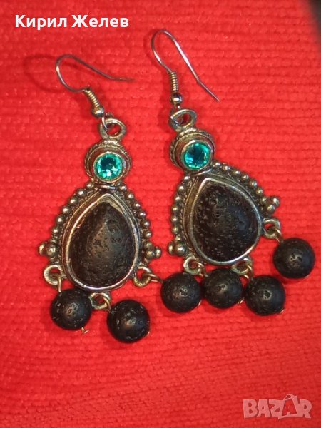 АРТИСТИЧНИ ВИНТИДЖ АРТ СРЕБРИСТИ МЕДНИ ОБЕЦИ с ВУЛКАНИЧЕН КАМЪК и ИСКРЯЩИ СИНИ КРИСТАЛИ 38634, снимка 1