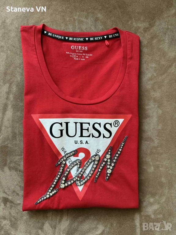 Червена дамска тениска GUESS с дълъг ръкав, р-р S, снимка 1
