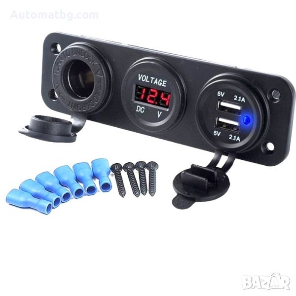 Монтажен панел 3 в 1 Automat, С волтметър, USB, 12-24V, Гнездо за запалка, Черен, снимка 1