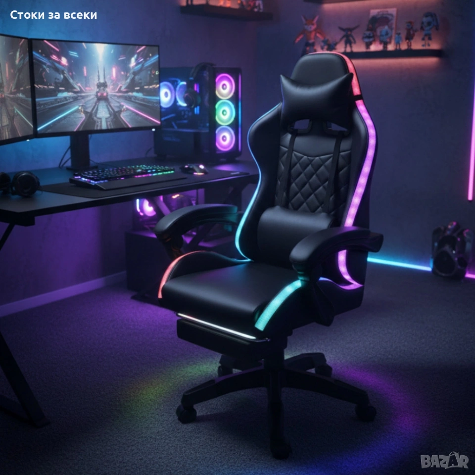 Черен геймърски стол с масаж, LED осветление и поставка за крака – ергономичен, с дистанционно, снимка 1