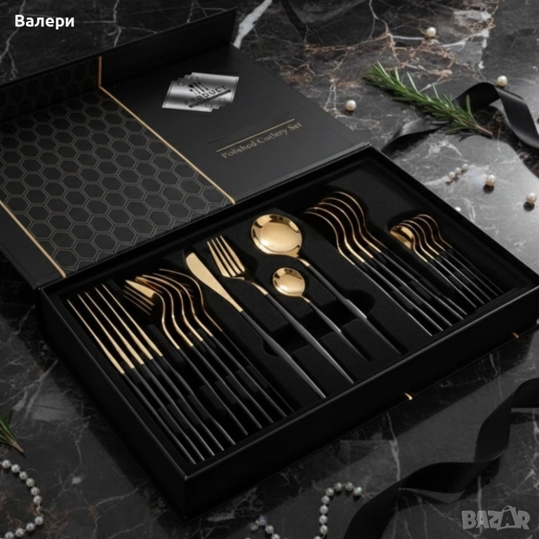 Комплект прибори за хранене от 24 части с луксозен дизайн и магнитна кутия в златисто и черно, снимка 1