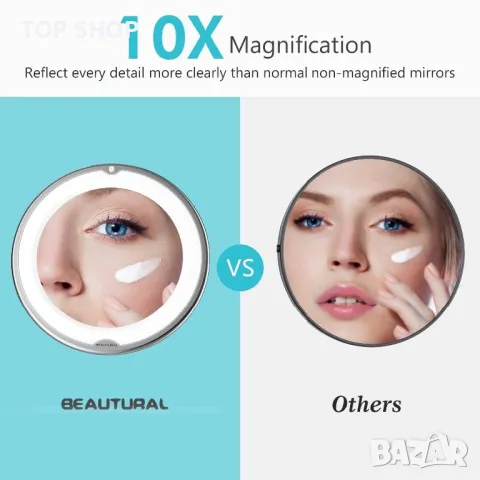 BEAUTURAL преносимо козметично LED огледало за грим/10x увеличени/вакуумна стойка с ключалка 360°, снимка 5 - Аксесоари за коса - 49308569