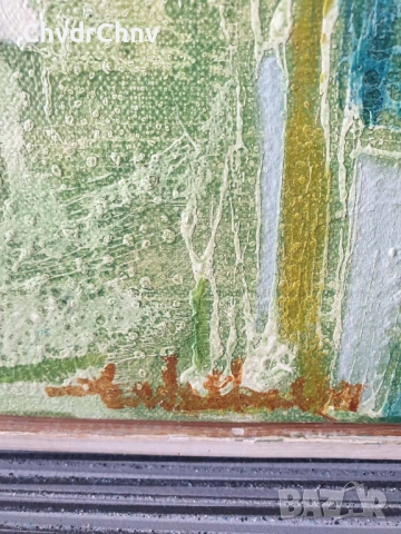 70х40см/абстрактна стара картина масло върху платно/ексресионизъм/зелена вода/дървена рамка, снимка 9 - Картини - 51432205