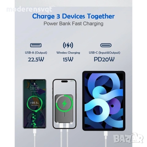 Външна батерия, 5000 mAh, 22.5W, Безжична, Черна, снимка 2 - Външни батерии - 54256069
