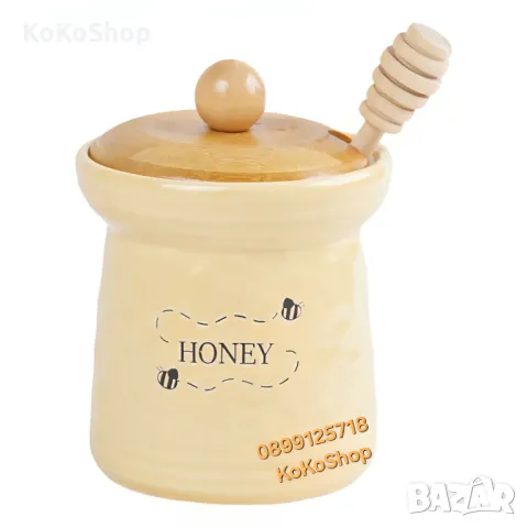 Буркан за мед с дървен капак и лъжичка-465 мл./буркан за мед