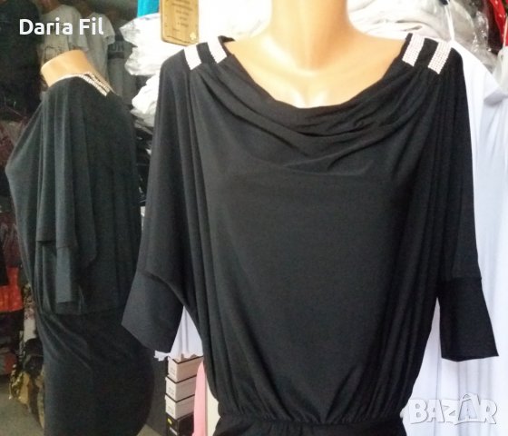 Черна рокля/туника с гръцко деколте и сребристи камъчета на раменете, снимка 2 - Рокли - 37934381