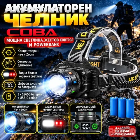 Мощен акумулаторен челник COBA 1800 lm с Laser Beam, Zoom, датчик за движение и 3 батерии 18650