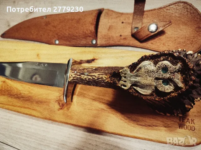 Ловен масивен нож с изобразен Бухал и Еделвайс  , снимка 3 - Ножове - 49863104
