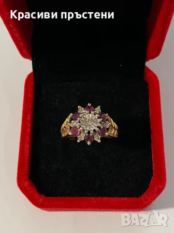 Златен пръстен с рубини и диаманти/брилянти, снимка 2 - Пръстени - 50925910