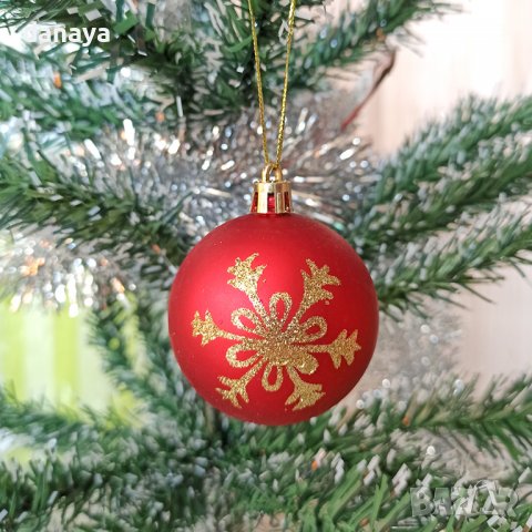 3246 Комплект коледни червени топки за елха Снежинки, 6 броя, снимка 2 - Декорация за дома - 38547503