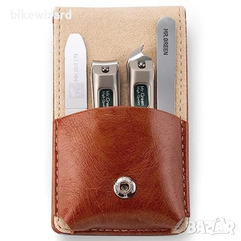 Комплект за маникюр MR.GREEN от 4 части с кожен калъф НОВ