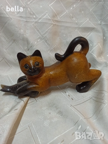 Ръчно резбована масивна дървена фигура на котка – 22 см дължина!, снимка 2 - Антикварни и старинни предмети - 52582382