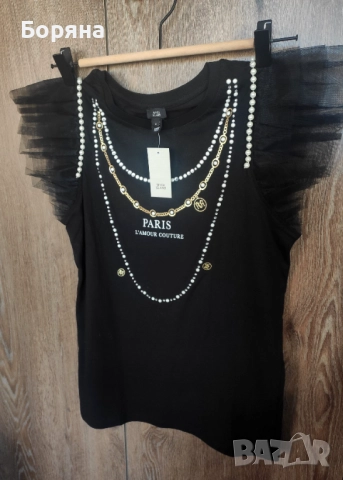 River Island нова с етикет тениска топ с перли и тюл, снимка 3 - Потници - 52169812