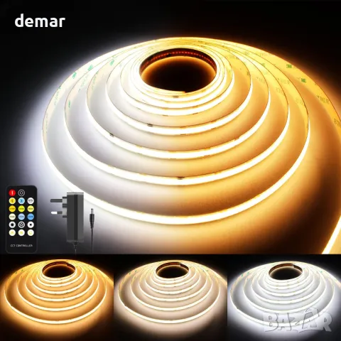AXMOTUT CCT COB LED лента 5 метра, димируема, 2700K-6500K 24V, CRI 90+ с дистанционно и захранване