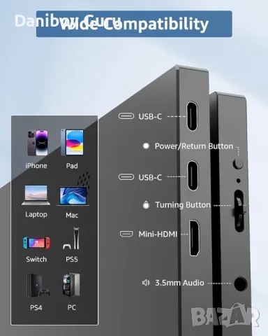 Full HD IPS Преносим монитор за лаптоп Yodoit 1920 × 1080  с IPS 15,6-инчов FHD  за пътуване  с USB, снимка 3 - Монитори - 48833776