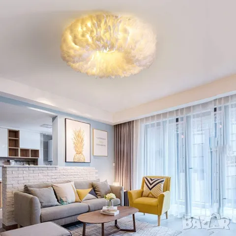 Полилей Таванна лампа Полилей с бяло перо, Модерни LED осветителни, снимка 4 - Лампи за таван - 48970731