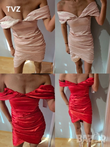 червена дамска рокля с паднали ръкави 