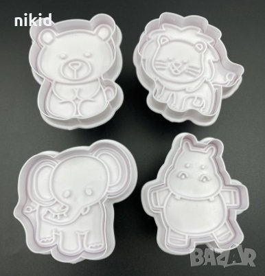 4 бр Диви зоо животни слон мече лъв хипопотам пластмасови форми резци с бутало за сладки резец форма, снимка 2 - Форми - 31805999
