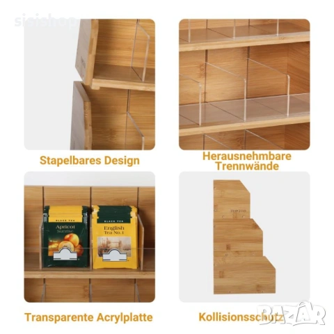 Луксозен бамбуков органайзер за чай 3-в-1 – Кутия с 12 отделения за съхранение и подреждане 4631, снимка 4 - Други стоки за дома - 53983908