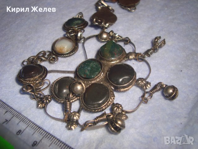СТАРА СКЪПОЦЕННА ЕТНО СТИЛ ОРИЕНТАЛСКА ПОСРЕБРЕНА ОГЪРЛИЦА НАТУРАЛНИ КАМЪНИ НЕФРИТ АХАТ ЯСПИС 70881 , снимка 8 - Антикварни и старинни предмети - 37395584