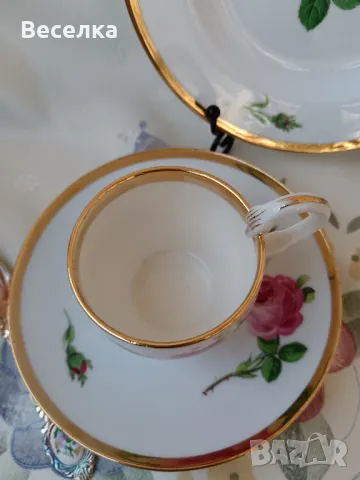 Meissen, троен сет за кафе и десерт, декор роза, злато и дръжка лебедова шия , снимка 3 - Антикварни и старинни предмети - 48917081