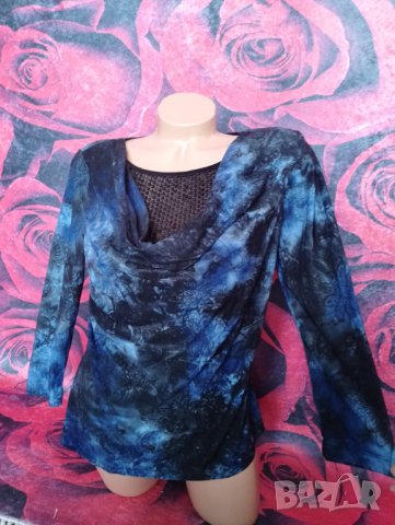 Преливащо-синя блуза с турско деколте декорирано с пайети М , снимка 1 - Блузи с дълъг ръкав и пуловери - 38913673