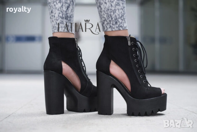 Летни боти на ток - черен велур, снимка 2 - Дамски боти - 54038316