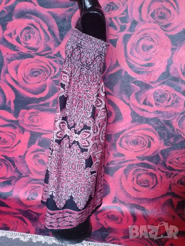 Цикламено-черно-розова дълга лятна рокля бюстие С/М, снимка 5 - Рокли - 42649592