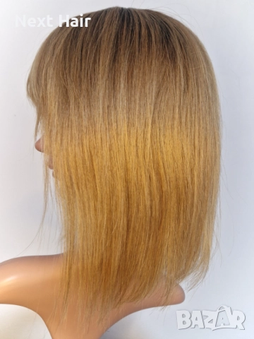 33 см естествена златисто руса омбре перука с тъмни корени и бретон, снимка 4 - Аксесоари за коса - 52029639