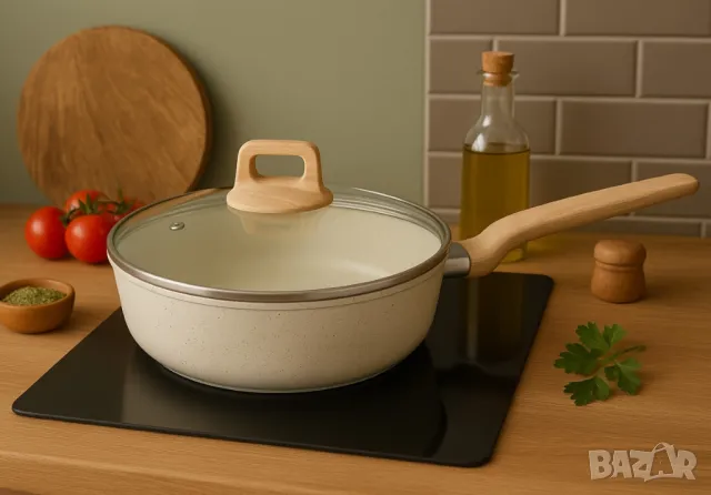 Тиган с капак Voltz Nice, Дълбок, Кован алуминий, Мраморно покр., Индукция, Кремав меланж