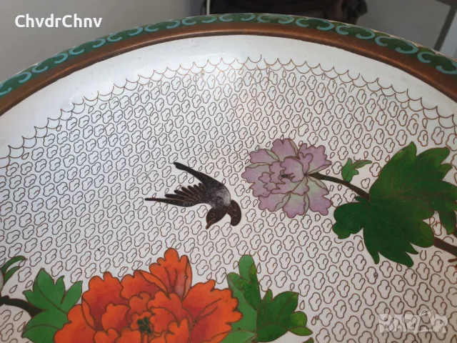 Cloisonne 26см/Клоазон-Клозоне стара голяма китайска купа/поставка ръчна дърворезба, снимка 5 - Други - 46578938