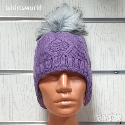 Нова детска зимна шапка тип ушанка с помпон в светлолилав цвят, снимка 2 - Шапки, шалове и ръкавици - 47894032