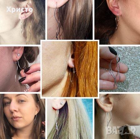 Сребърни обици вълнообразни висулки - S925, снимка 3 - Обеци - 29530495