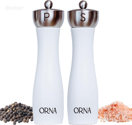 ORNA Комплект 2 бр. мелница за сол и черен пипер за многократно пълнене,подаръчна кутия,21,5 см,бяло