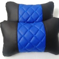 два броя универсални кожени възглавнички за автомобил черно със синьо, снимка 1 - Аксесоари и консумативи - 42327100