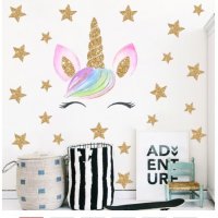 Еднорог Unicorn глава и златни звезди стикер за стена и мебел стая самозалепващ , снимка 1 - Други - 29426764